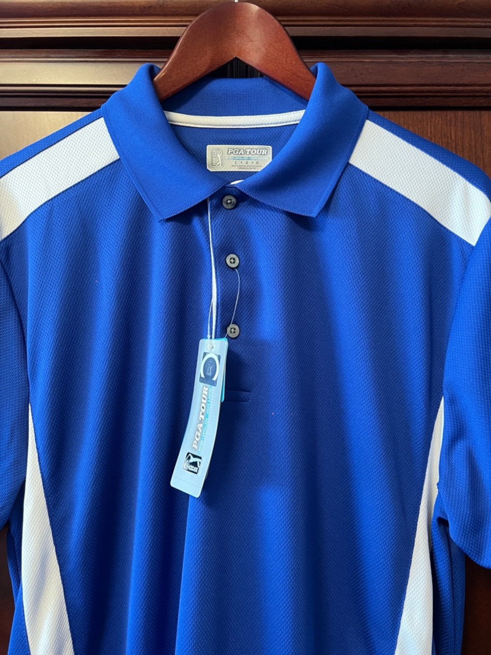 Brand New PGA TOUR Royal Blue Fitted Dry Performance Golf Polo with White Panels